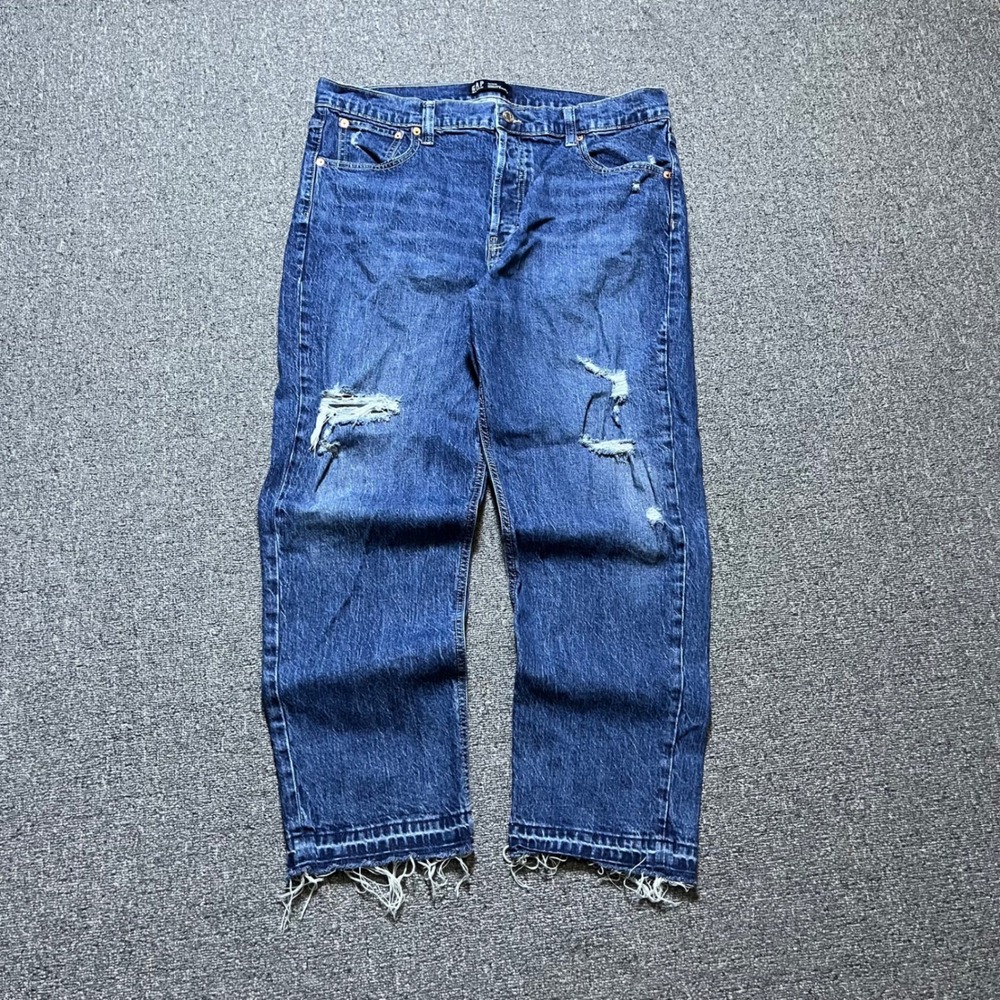 Gap Denim High Rise Cheeky Straight Jeans 18/34R Blue Distressed Raw Hem Buttons